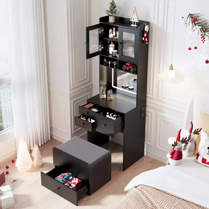 3 in 1 Vanity Desk with LED Light, Tall Makeup Vanity Set with 2 AC Outlets & USB-C, Dressing Table with Storage Drawers & Acrylic Doors