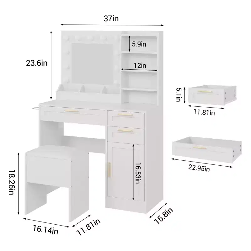 COZONY 37 Vanity Cabinet with Mirror & Lights, Makeup Table Set with 3 Drawers, 3-Color Dimming, Power Outlets
