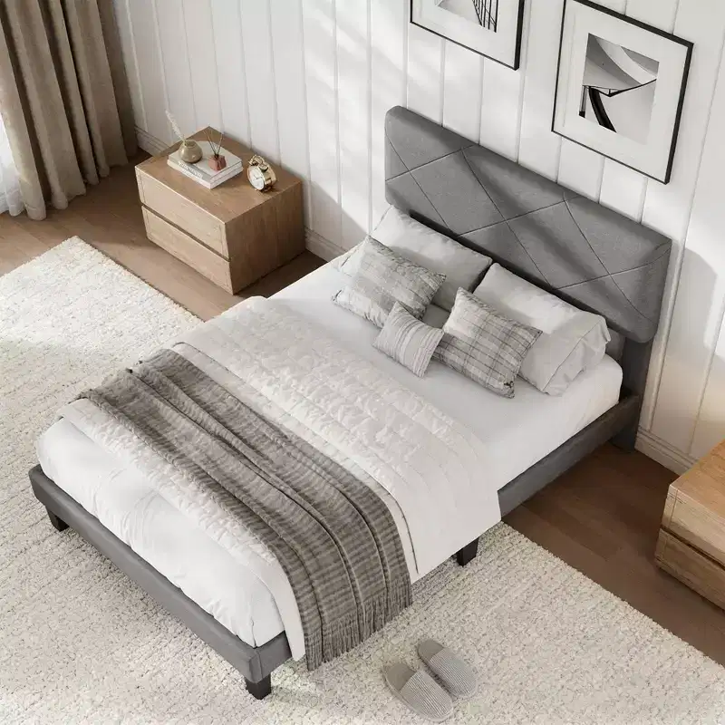 Bed Frame with Upholstered Headboard, King Size Platform Bed Frame with Wooden Slat Support, No Box Spring Needed & Noise Free