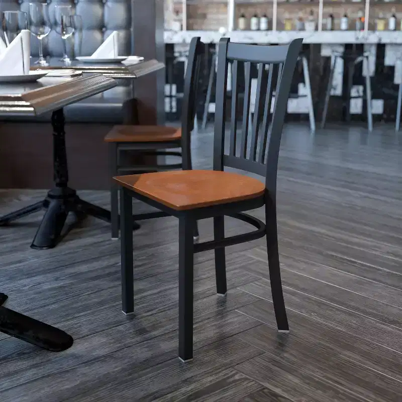 Black Metal Frame Vertical Back Dining Chair – Vinyl or Wood Seat, Seats 1