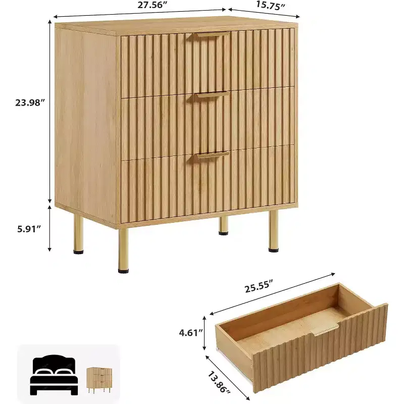 Green Fluted 3-Drawer Nightstand, Single