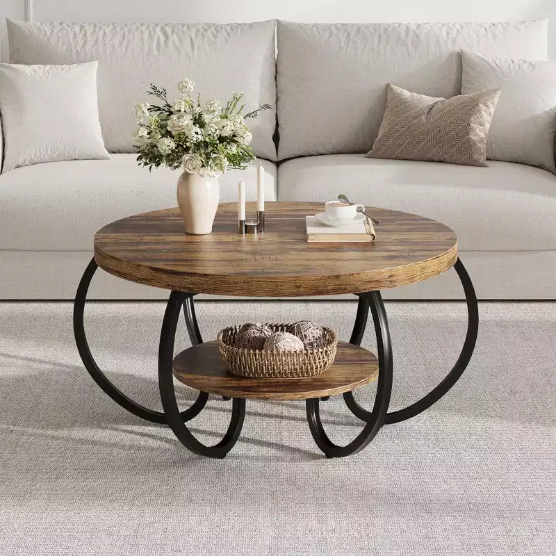 30 Inch Round Industrial Coffee Table 2-Tier with Adjustable Feet Wood Grain Shelf Flame Design Easy Assembly Living Room