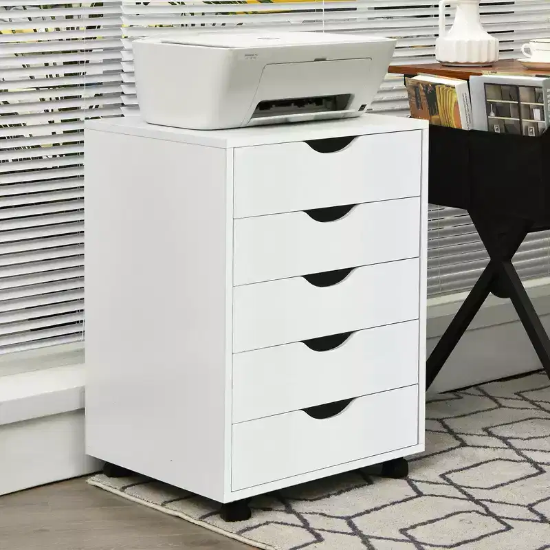 Costway 5 Drawer Dresser Storage Cabinet Chest w/Wheels for Home Office White