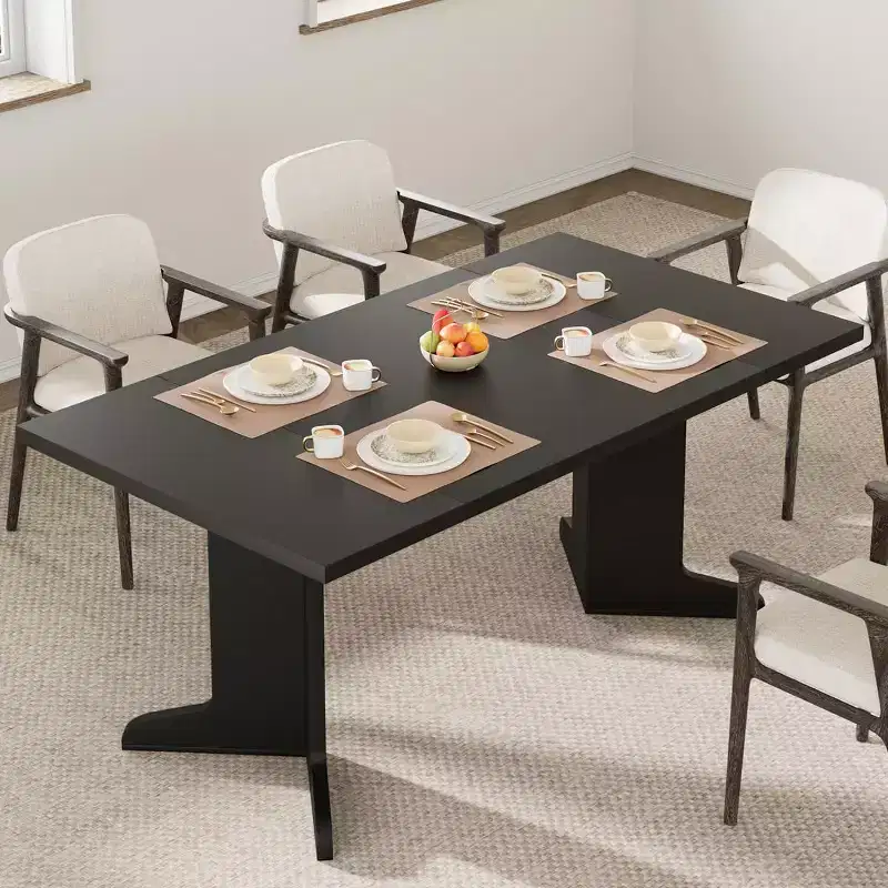 71 In Wood Dining Table for 6-8, Modern Farmhouse Rectangular Kitchen Table with Unique Wooden Legs, Thick Tabletop, Sturdy Frame, for Dining Room