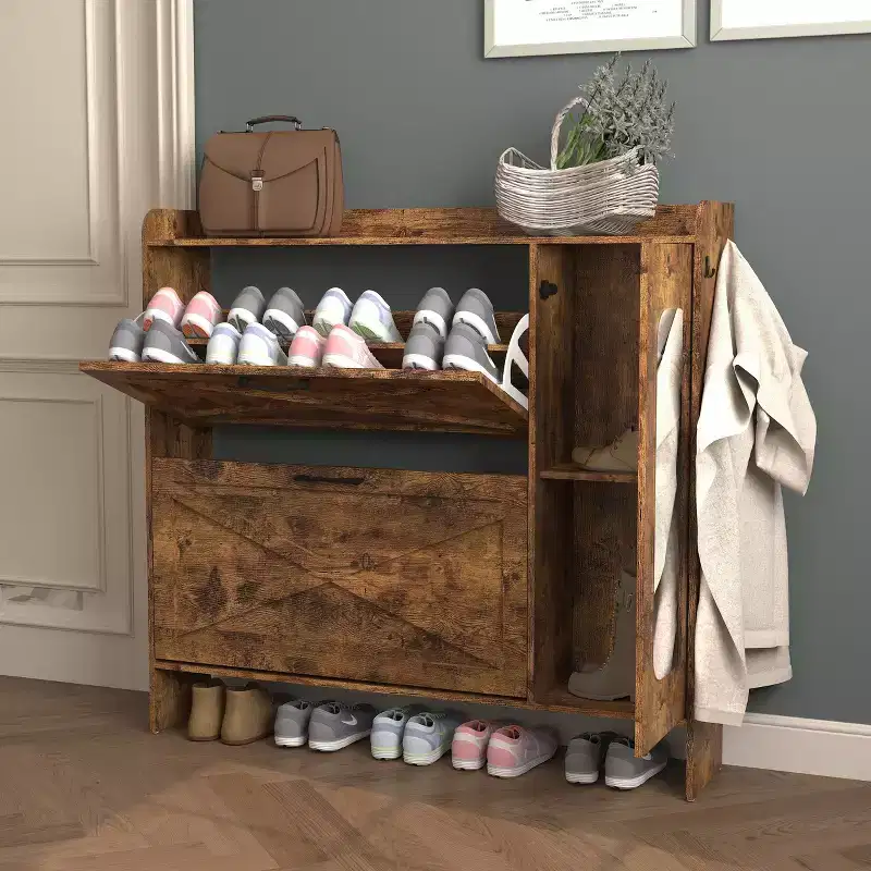 Okak Shoe Cabinet, Freestanding Shoe Organizer with 2 Flip Drawers, Shoe Storage Cabinet for Entryway, Living Room, Hallway, Brown