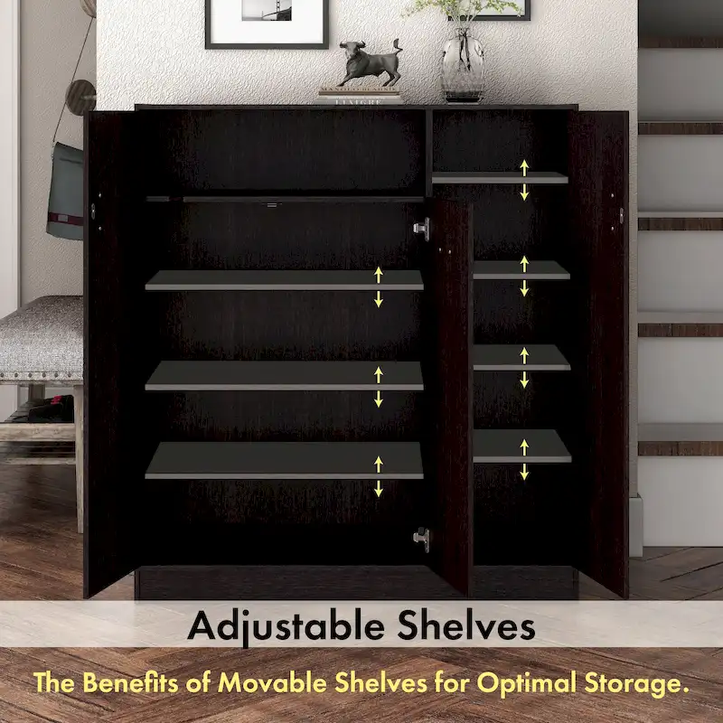 Modern 32-Inch Shoe Cabinet with Adjustable Shelves and Metal Handles