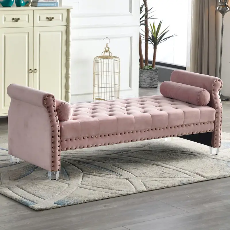 Rolled Arm Velvet Tufted Upholstered Bench, Multi-Color, Seats 2–3