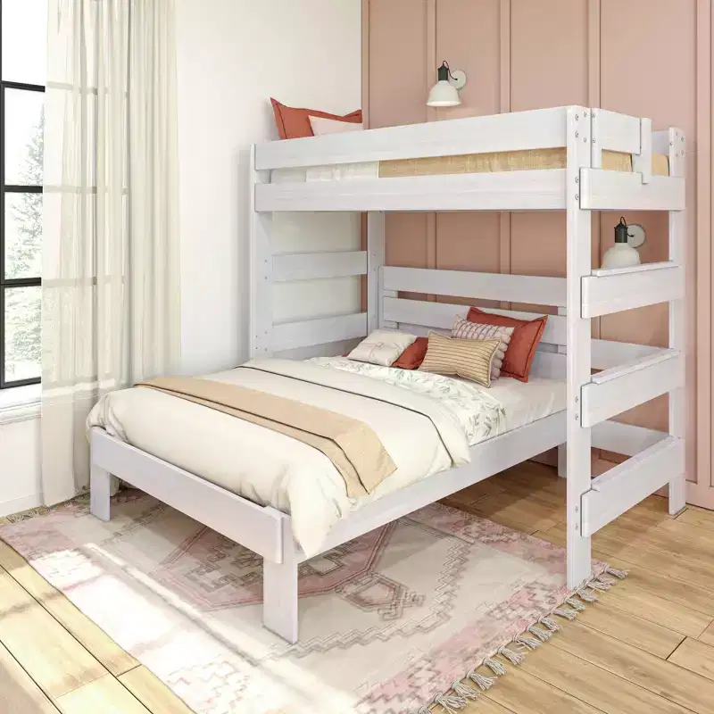 Solid Wood Bunk Bed, L-Shaped Twin over Full Size Bed Frame for Kids Modern Farmhouse