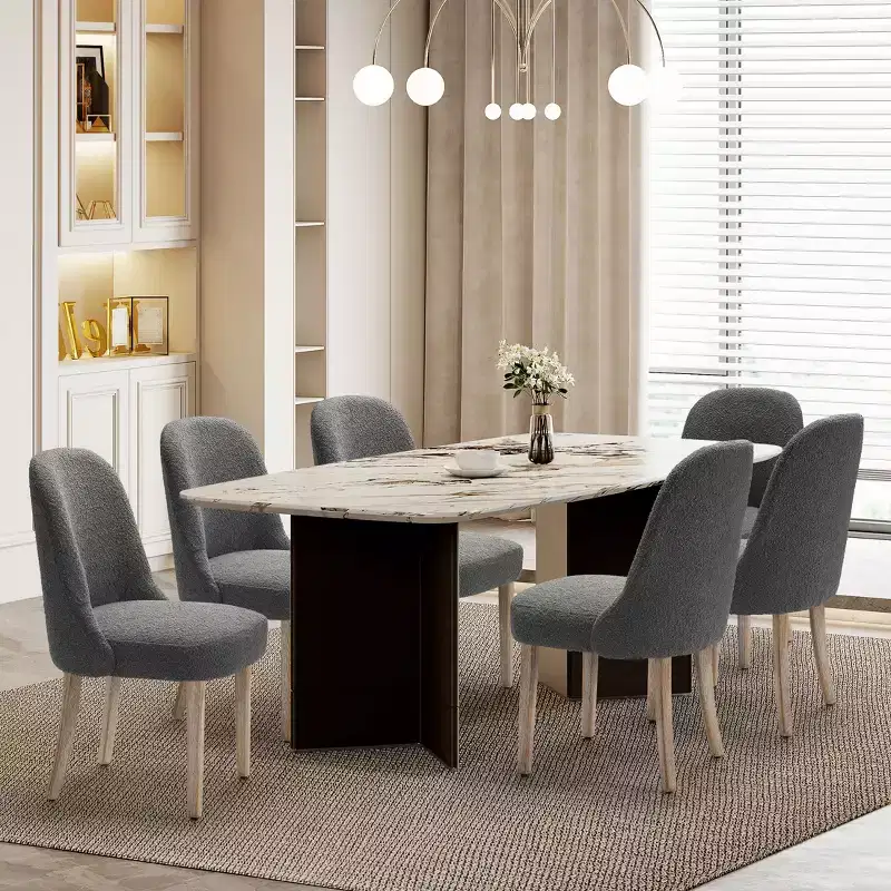 Mid-Century Modern Boucle Upholstered Dining Chair, Set of 6, Water-Resistant Fabric