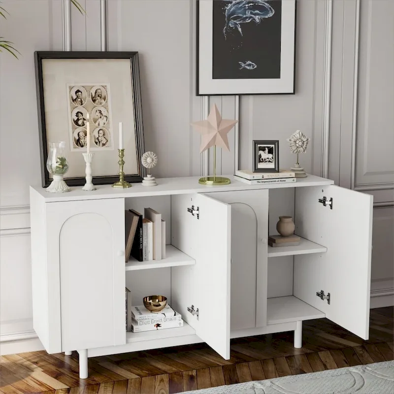 4-Door Intaglio Storage Cabinet with Pine Legs – White, MDF, Solid Wood Pulls, Adjustable Shelf
