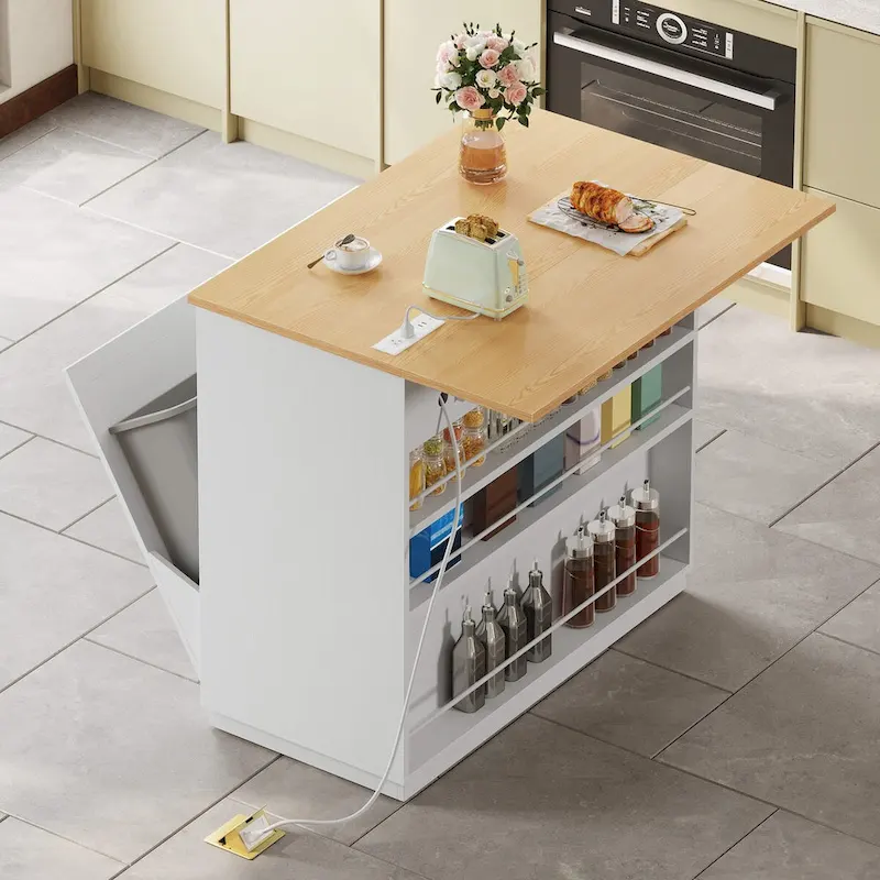 Kitchen Island Drop Leaf with Double Tilt Out Trash Cabinet