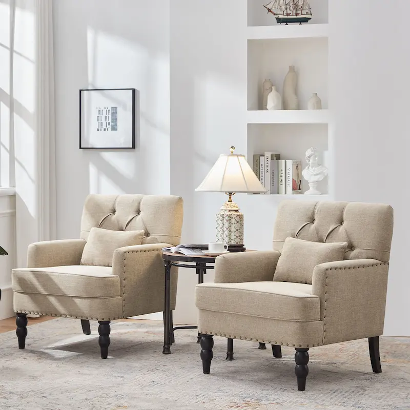 Set of 2 Arm Chair Upholstered Button Tufted Accent Chair with Lumbar Pillow Beige/ Grey/ Light Blue