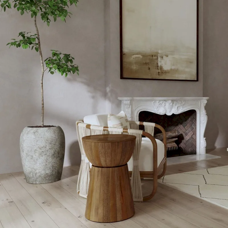 Sculpted Wood Drum Accent Side Table, Round Boho End Table for Living Room or Bedroom