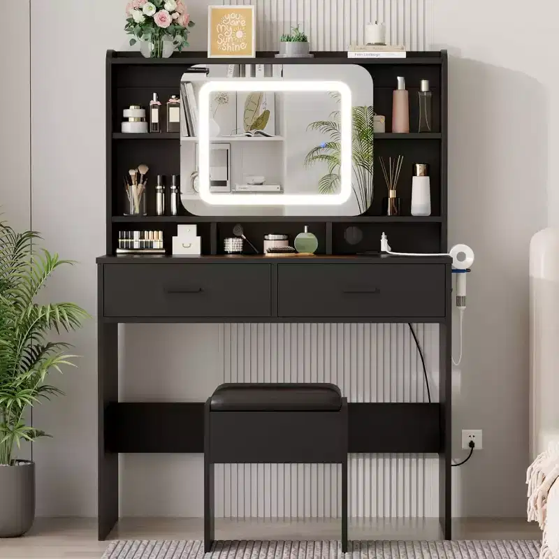 Vanity Desk with Sliding Mirror, Makeup Desk and Stool with Lights in 3 Colors, Girls Vanity Table with Charging Station