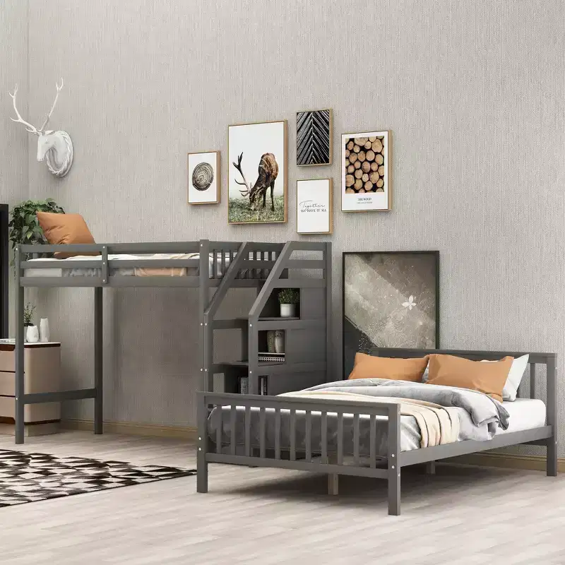97.2''L 78.4''W Modern Wood Twin over Full Loft Bed with Staircase Storage