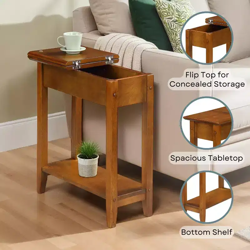 Narrow Wedge End Table with Hidden Storage Compartment, Walnut Finish