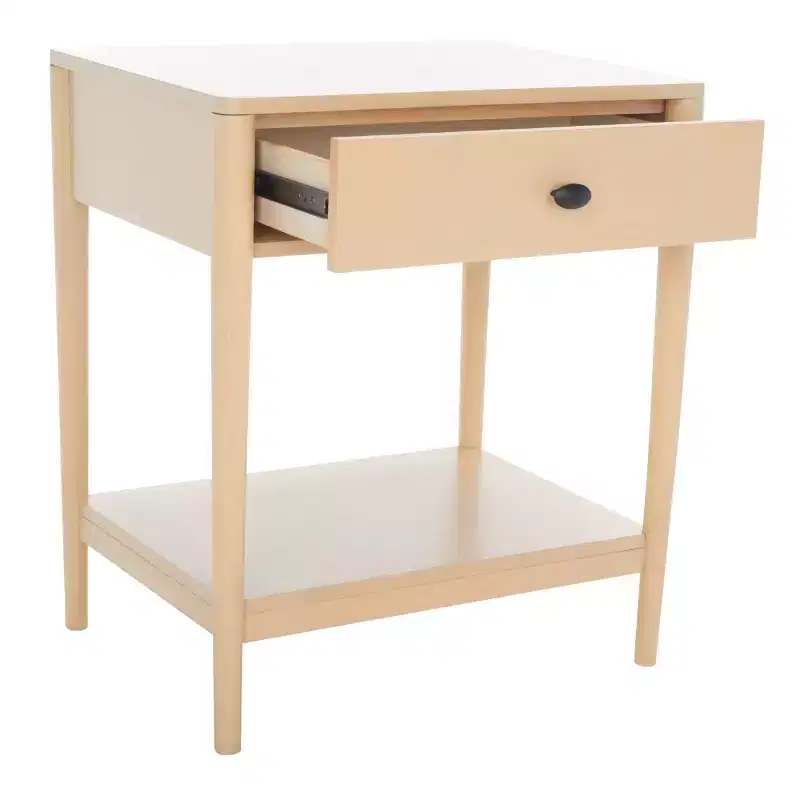 1-Drawer Rubberwood Nightstand with Open Shelf, Whitewash Finish, No Assembly