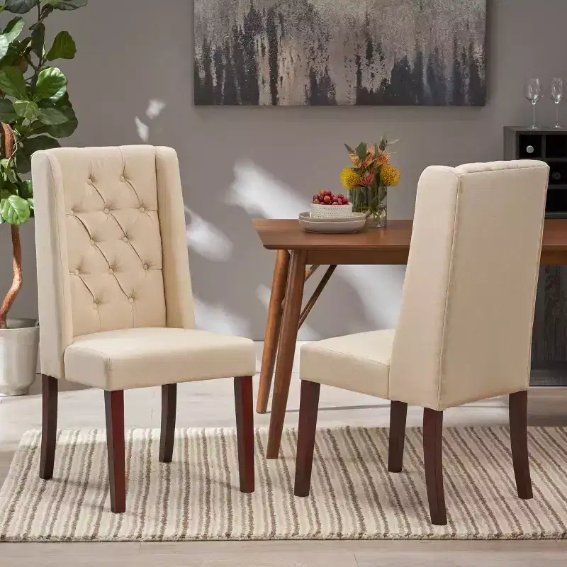 Set of 2 Blount Wooden Dining Chairs with Fabric Cushions, Beige/Natural Finish, Birch Frame, Tufted Back