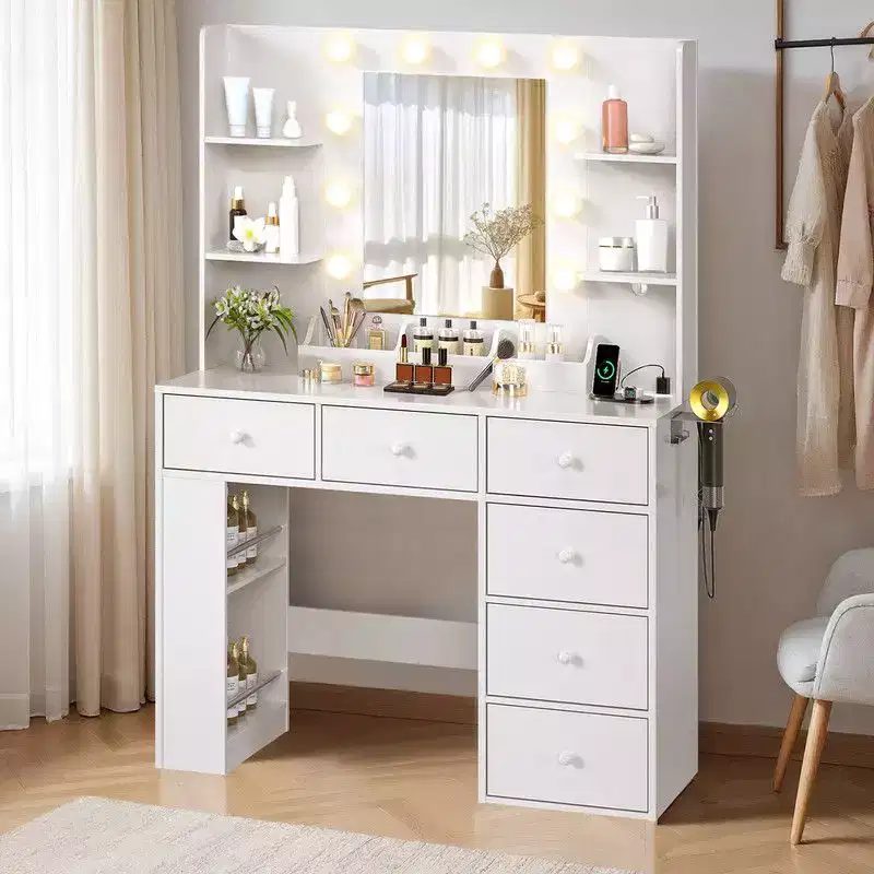 White Vanity Dressing Table with 6 Drawers, 3 Compartments, Dimmable Lighting and Built-In Power Strip