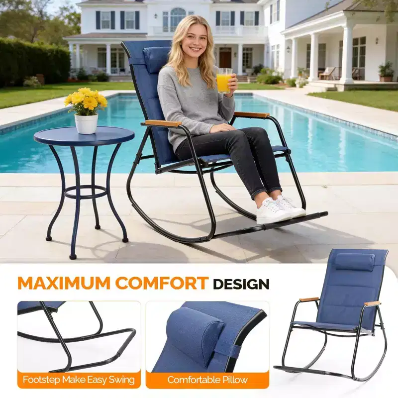 Karl Home | Teslin Patio Rocking Chair with Footrest and Head Pillow