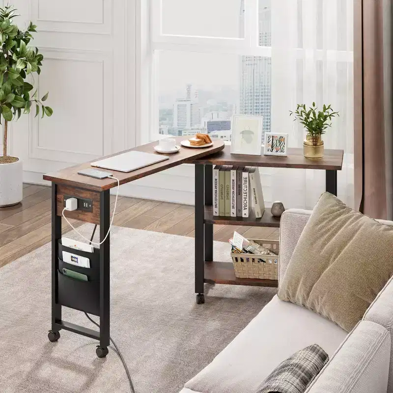 Sofa Table 360Rotating Tabletop End Table, 2-Tier Side Table with Charging Station, Sturdy End Table for Living Room, Bedroom, Entry Way Study Room