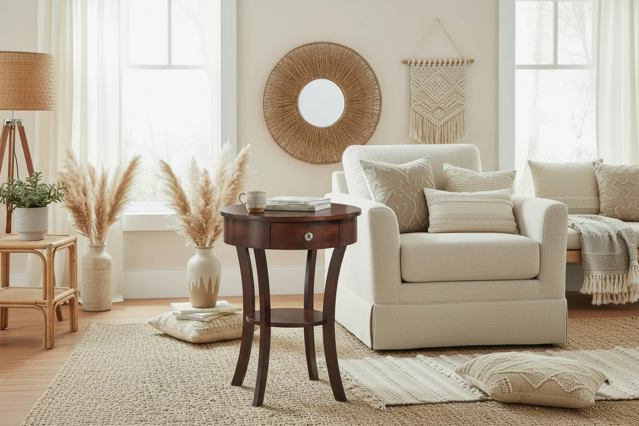 End Table with Drawer and Shelf, Solid Wood Accent Table with Curved Legs and Concealed Storage for Living Room Decor