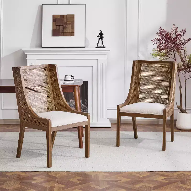 GDFStudio Rustic Fabric Upholstered Wood and Cane Dining Chairs (Set of 2)