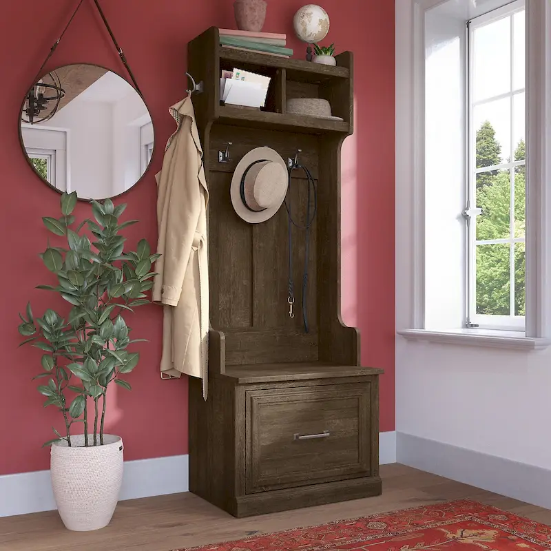 Entryway Hall Tree with Shoe Bench, Coat Hooks & Full-Extension Drawer