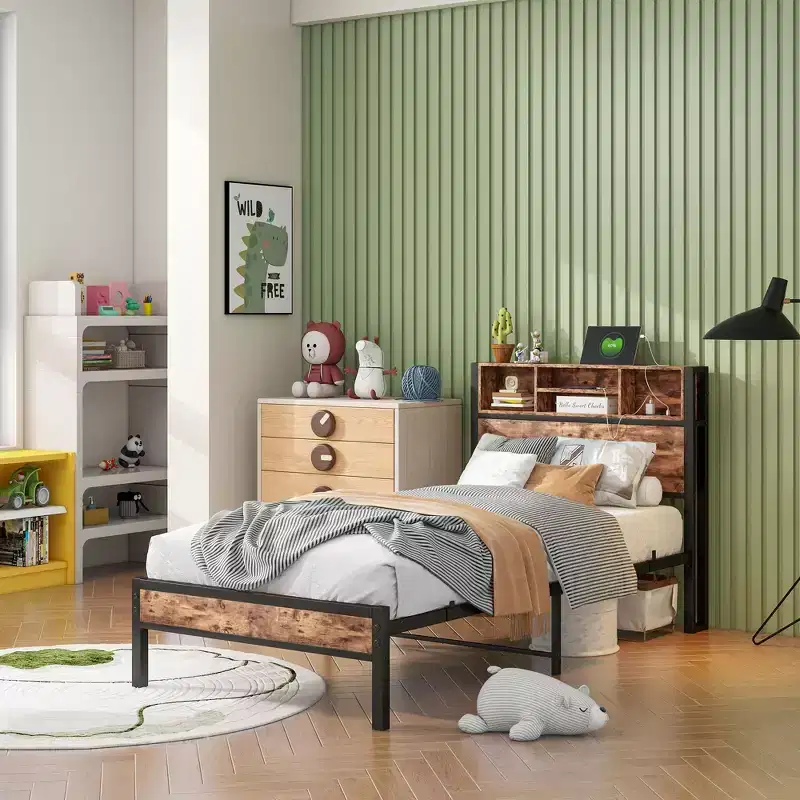 Twin Size Bed Frame with Storage Headboard & Charging Station, Bookcase Shelves for Kids' Bedroom