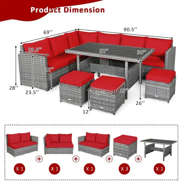 7 Pcs All-Weather Patio Rattan Dining Furniture Sectional Sofa Set with Wicker Ottoman and Cushed Couch