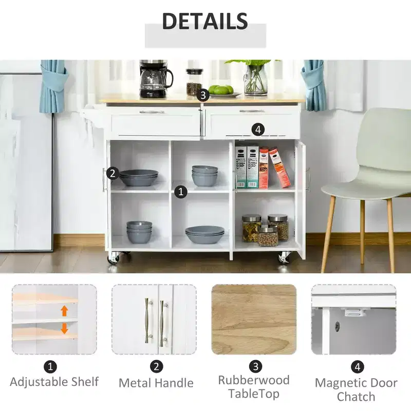 Okak Modern Kitchen Island with Wooden Top, Kitchen Cart with Storage Drawers and Adjustable Shelves, Rolling Kitchen Island for Home, White