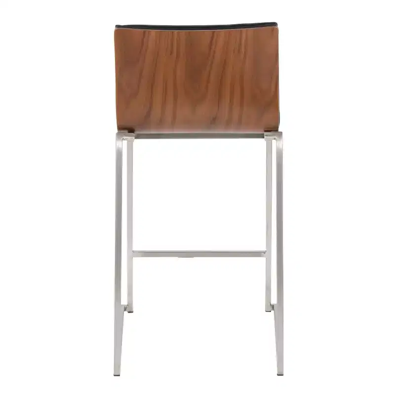 Counter Height Barstools Set of 2 Walnut Wood Back Black Faux Leather Stainless Steel