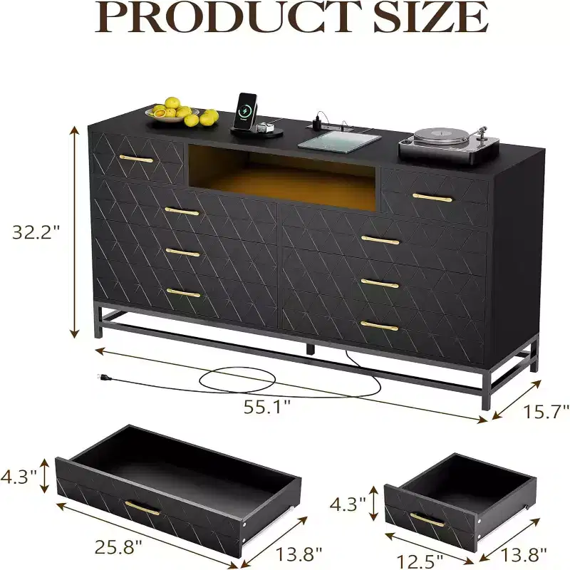 Zstar Modern 8-Drawer Dresser with Built-in USB and AC Charging Stations, LED Lights, Black