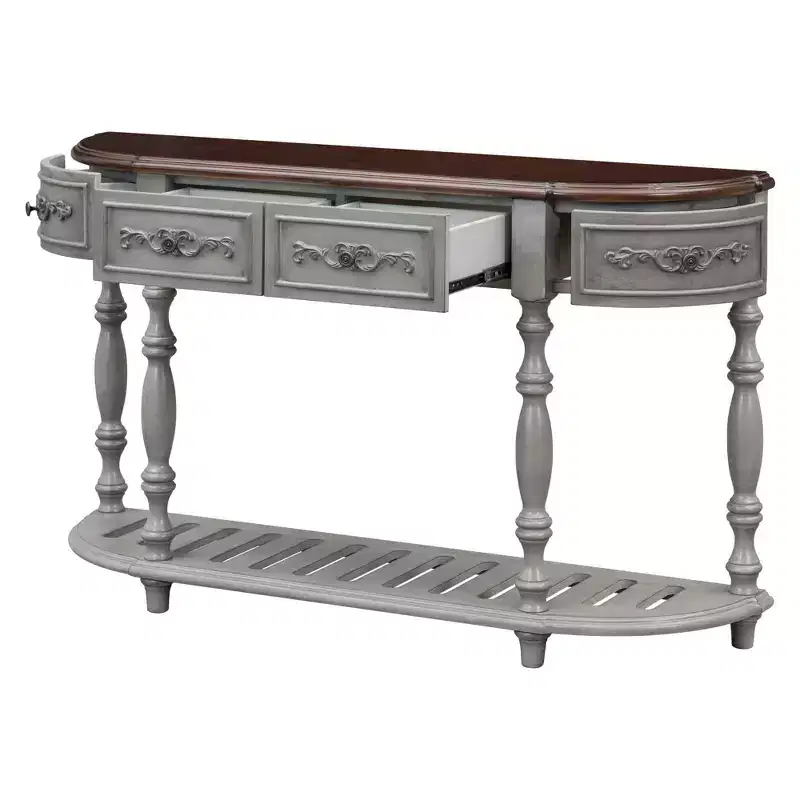 52IN Vintage Curved Console Table with Exquisite Carvings, Entryway Table with 4 Drawers and 1 Shelf, Accent Table for Living Room, Gray