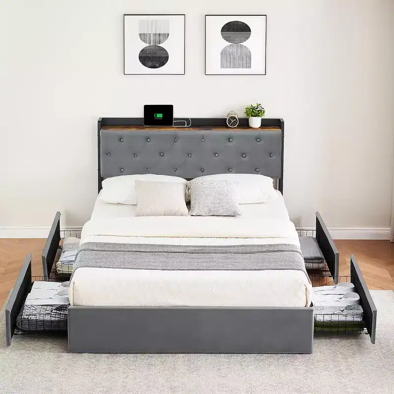 Queen Bed with Upholstered, Bed Frame with Charging Station & 4 Storage Drawers, Wood Slat Support, No Box Spring Needed, Light Grey (Queen)