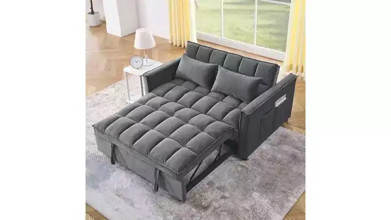 Convertible Sofa Bed with Adjustable Backrest - 3-Position Recliner , Pull-Out Sleeper, Two Side Pockets, 2 Pillows for Living Room, Grey