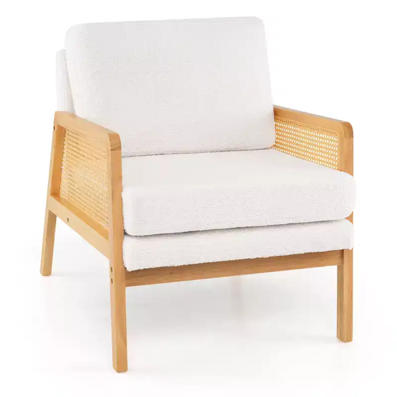 Costway Mid Century Modern Accent Chair Living Room Armchair with Rattan Arms Wooden Frame Brown/Natural