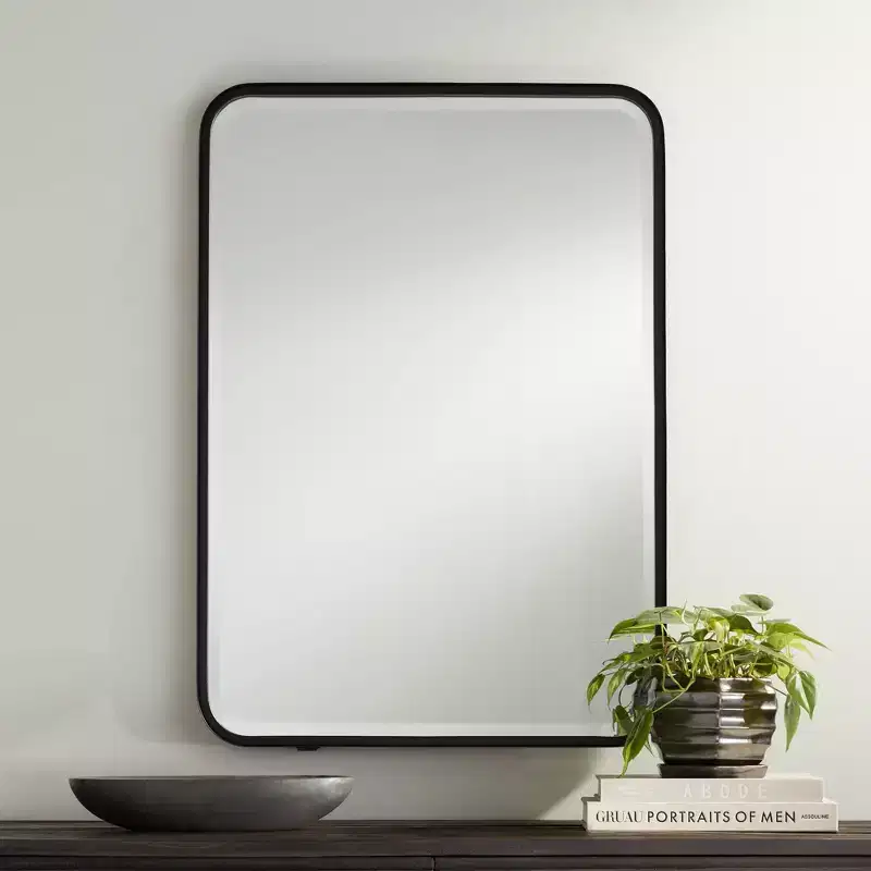 Uttermost Liguria Rounded Edge Rectangular Vanity Wall Mirror Modern Beveled Black Iron Frame 24 Wide for Bathroom Bedroom Living Room Home Entryway