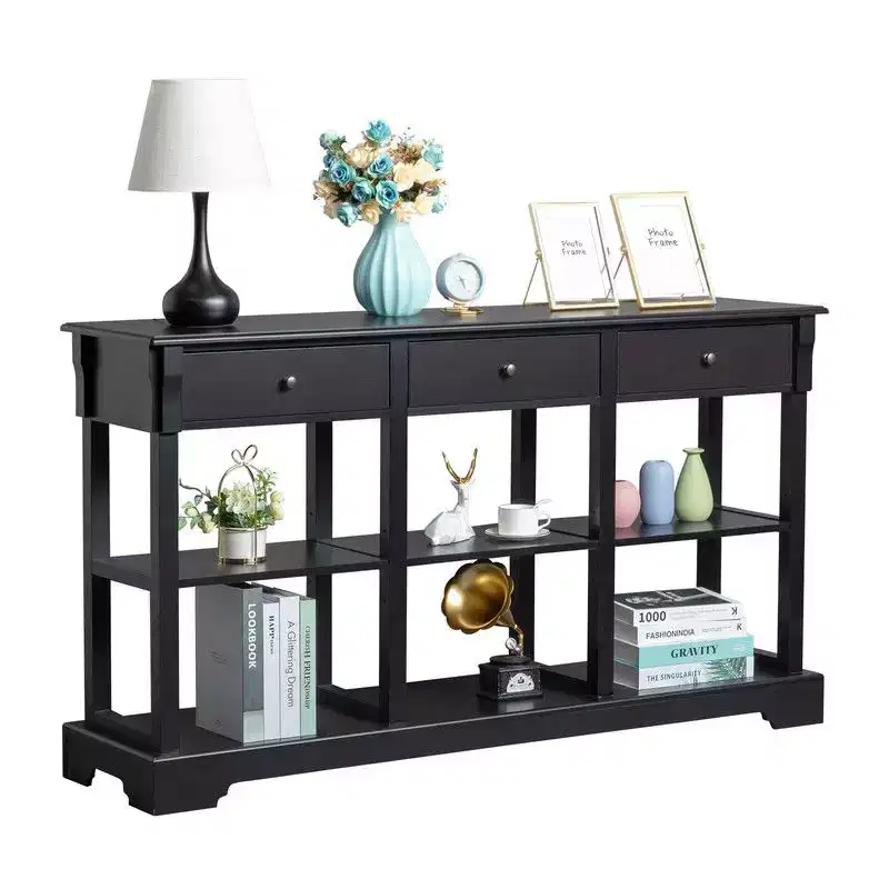Console Entrance Table with 3 Drawers and 6 Compartments, Black, 58 inches