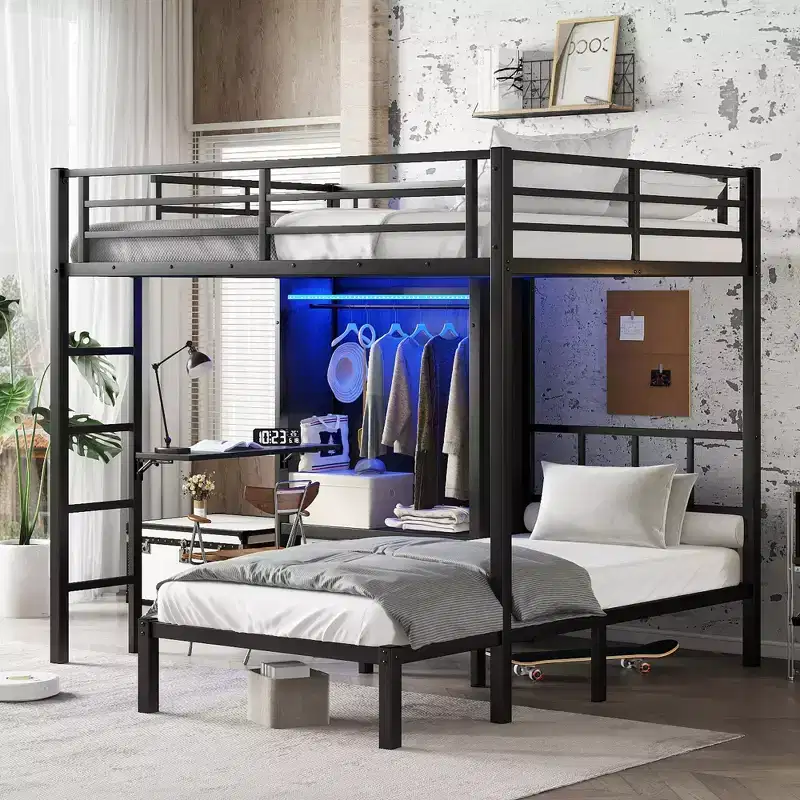 Bellemave Full XL Over Twin Metal Bunk Bed with Folding Desk, Closet with LED ,Space-Saving/Noise Reduced, Black
