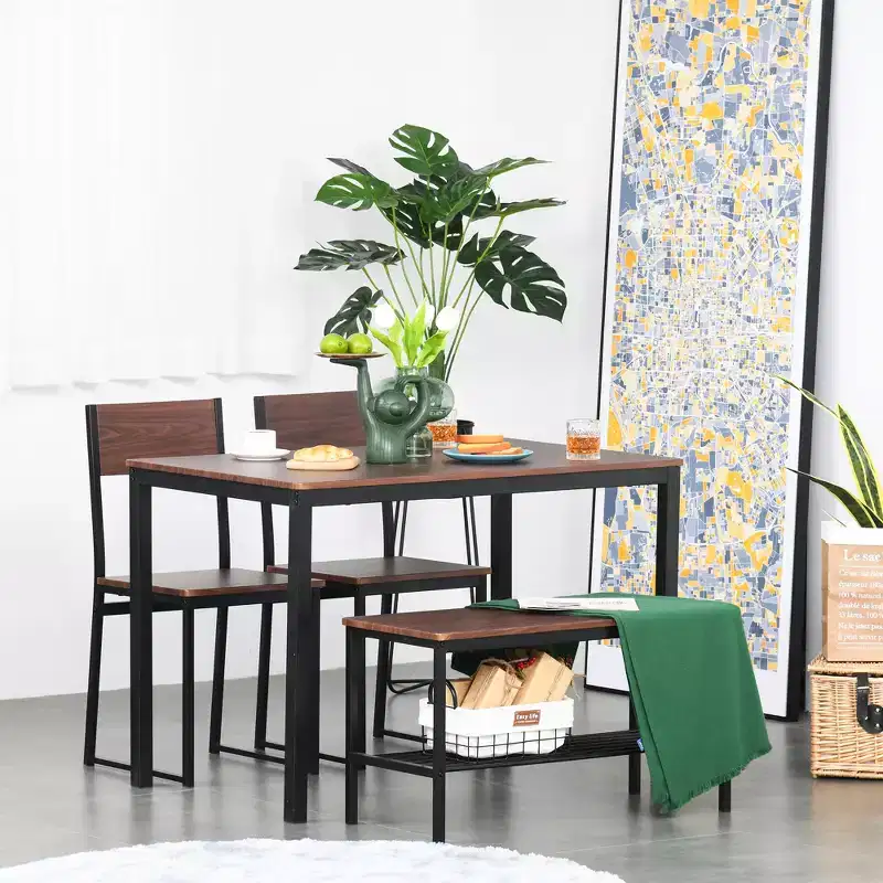 HOMCOM Industrial 4 Piece Dining Room Table Set with Bench Wooden Kitchen Table and Chairs w/ Storage Rack for Kitchen, Dinette, Black/Brown