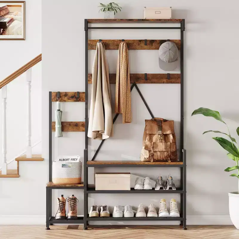 Parent-Child Coat Rack Shoe Bench Industrial Hall Tree with Bench and Shoe Storage Coat Tree Entryway Large Organizer with Shoe Rack, Storage Cubbies