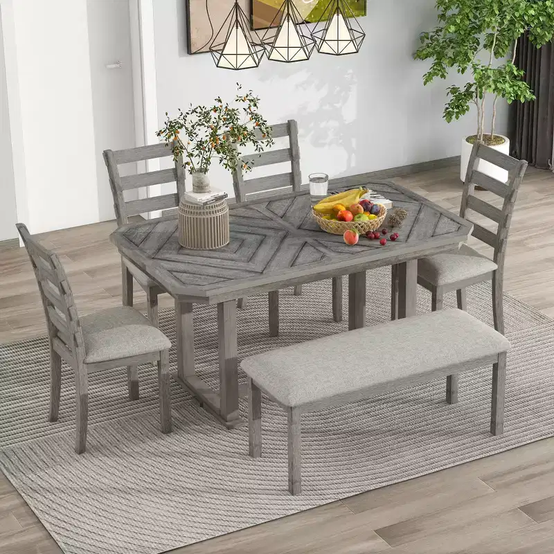 Dining Table Set for 6 with Wood Grain Pattern Tabletop, Kitchen Table Set with Chairs & Bench