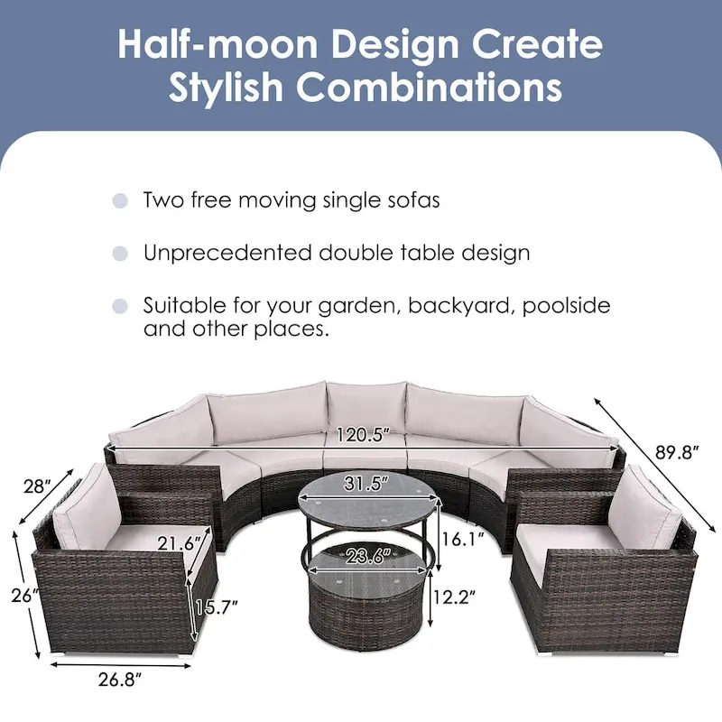 9-Piece Half-Moon Sectional Set with Nesting Table & Armchairs