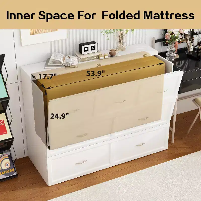 White Pull-Out Murphy Bed with Drawer & Charging Station – Full/Queen, 1–2 Person