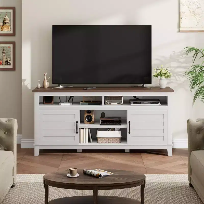 Modern TV Stand for 65 in TV, Semi-Open Double Door Cabinet with Adjustable Shelves  Brown Entertainment Center with 8 Storage Compartments