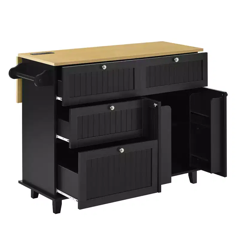 Farmhouse Kitchen Island with Drop Leaf, Drawers, Power Outlet and 2 Seats