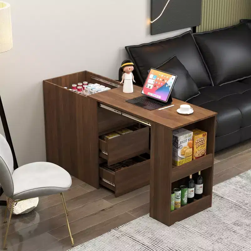GDFStudio Seryn Rustic Wooden Extendable Desk with Drawers and Open Shelves