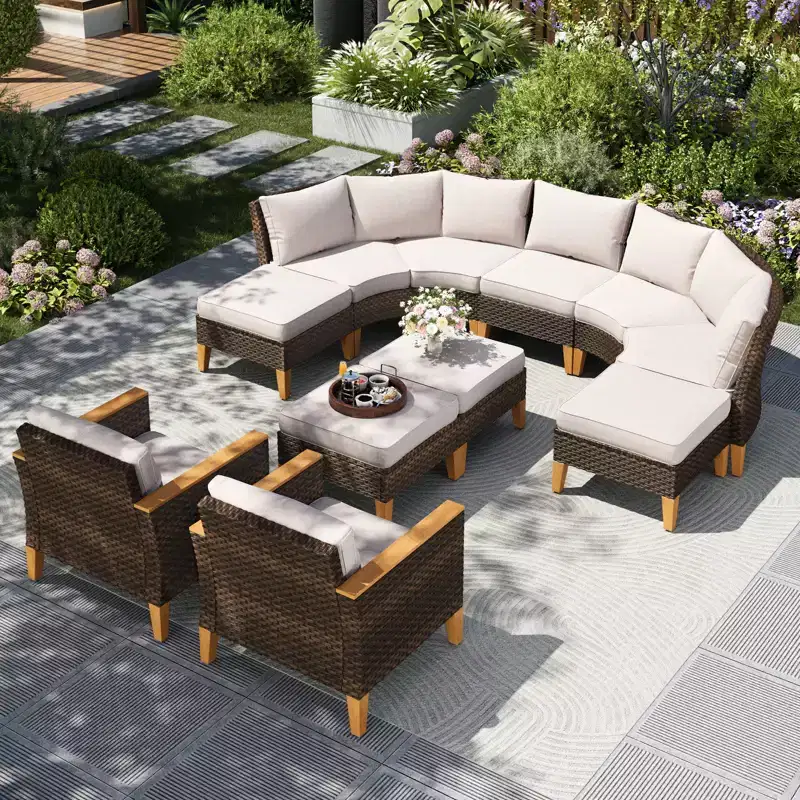 Captiva Designs 11pc Outdoor Wicker Rattan Patio Half-Moon Curved Sectional Sofa Conversation Set with Cushioned Ottoman