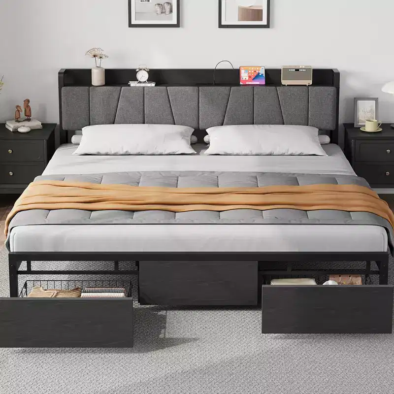 King Size Bed Frame with Storage Headboard, Industrial King Platform Bed with 2 Large Drawers, No Box Spring Needed, Noise Free, Black